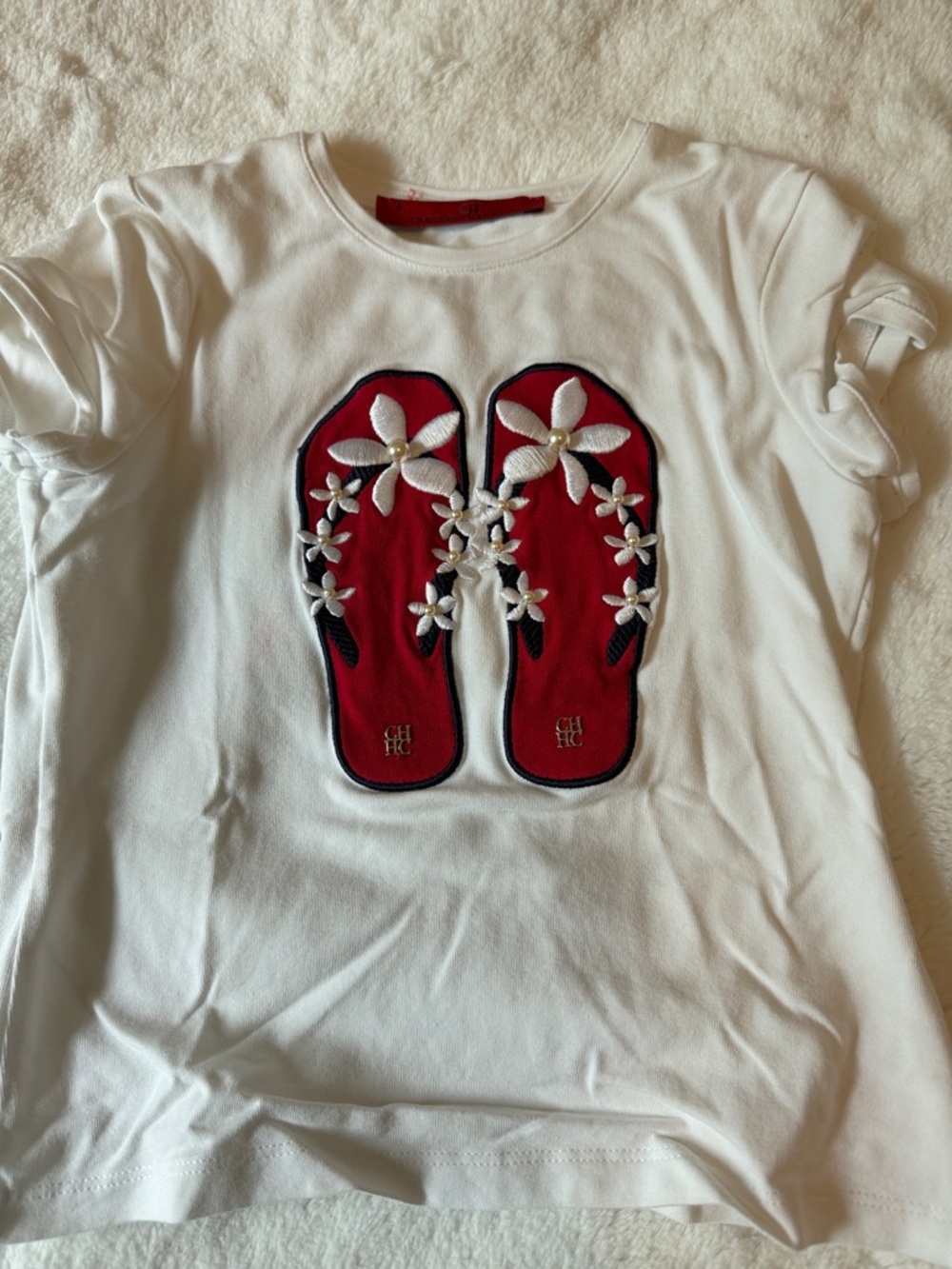Carolina Herrera White Tee with Red Flip-Flop Floral Appliqué